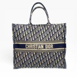 Large Dior Book Tote Ecru and Blue Dior Oblique Embroidery